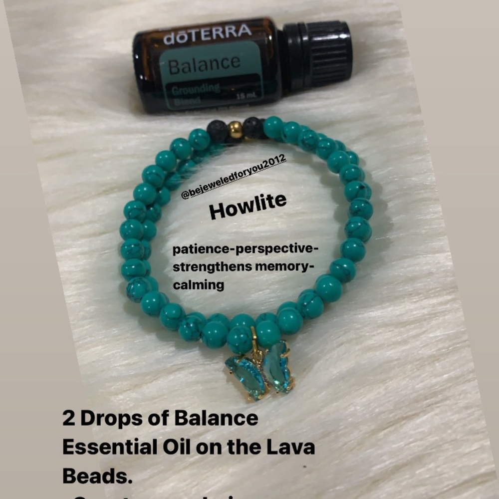 Howlite Chakra Bracelet with Gold Butterfly Charm and Balance Essential oil